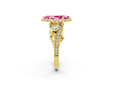 Yellow gold Marquise Cut Pink Sapphire Halo Ring with Milgrain Pavé Band and Four-Prong Setting_14