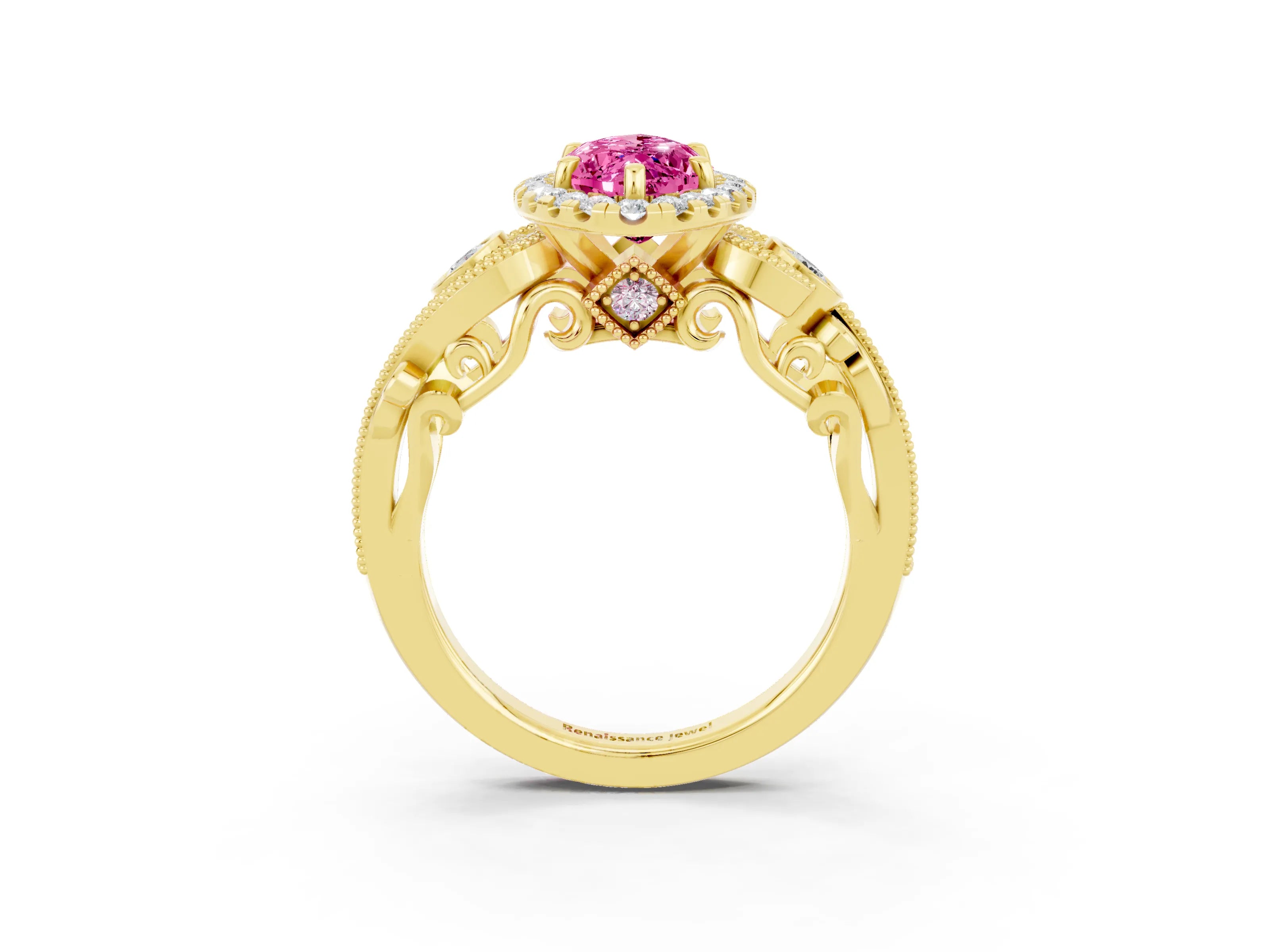 Yellow gold Marquise Cut Pink Sapphire Halo Ring with Milgrain Pavé Band and Four-Prong Setting_15