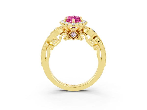 Yellow gold Marquise Cut Pink Sapphire Halo Ring with Milgrain Pavé Band and Four-Prong Setting