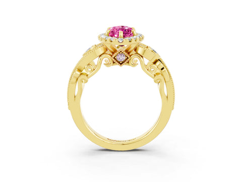 Yellow gold Marquise Cut Pink Sapphire Halo Ring with Milgrain Pavé Band and Four-Prong Setting_15