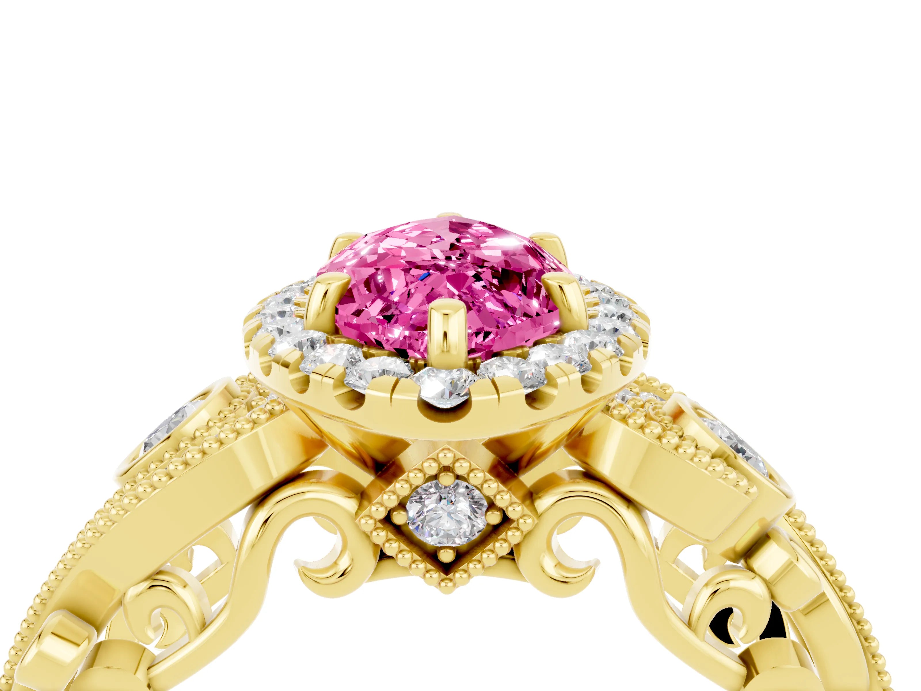 Yellow gold Marquise Cut Pink Sapphire Halo Ring with Milgrain Pavé Band and Four-Prong Setting_16