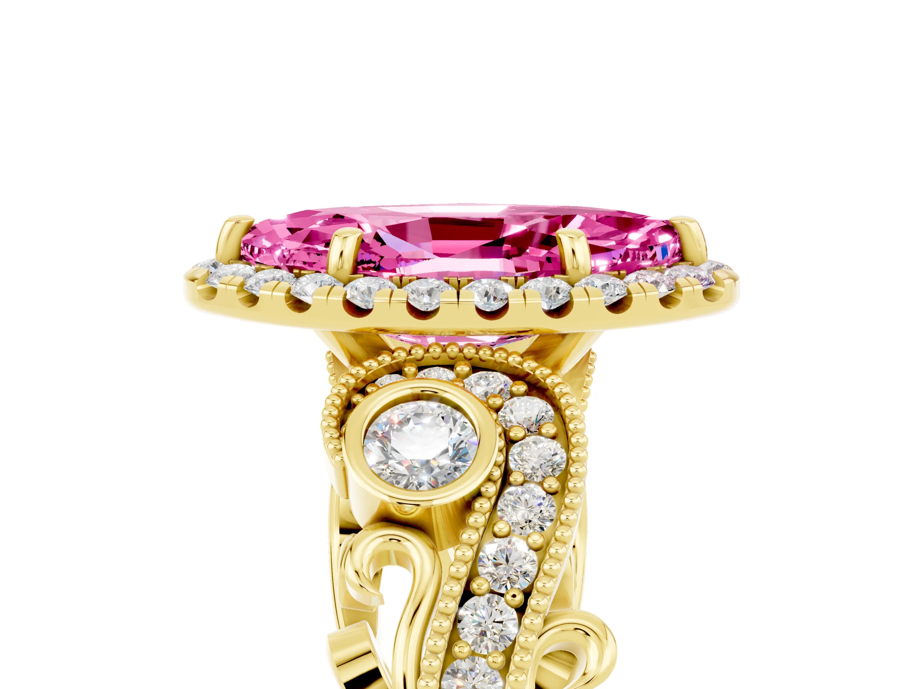 Yellow gold Marquise Cut Pink Sapphire Halo Ring with Milgrain Pavé Band and Four-Prong Setting_17