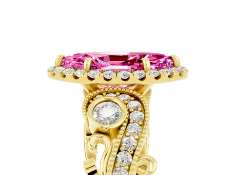 Yellow gold Marquise Cut Pink Sapphire Halo Ring with Milgrain Pavé Band and Four-Prong Setting_17