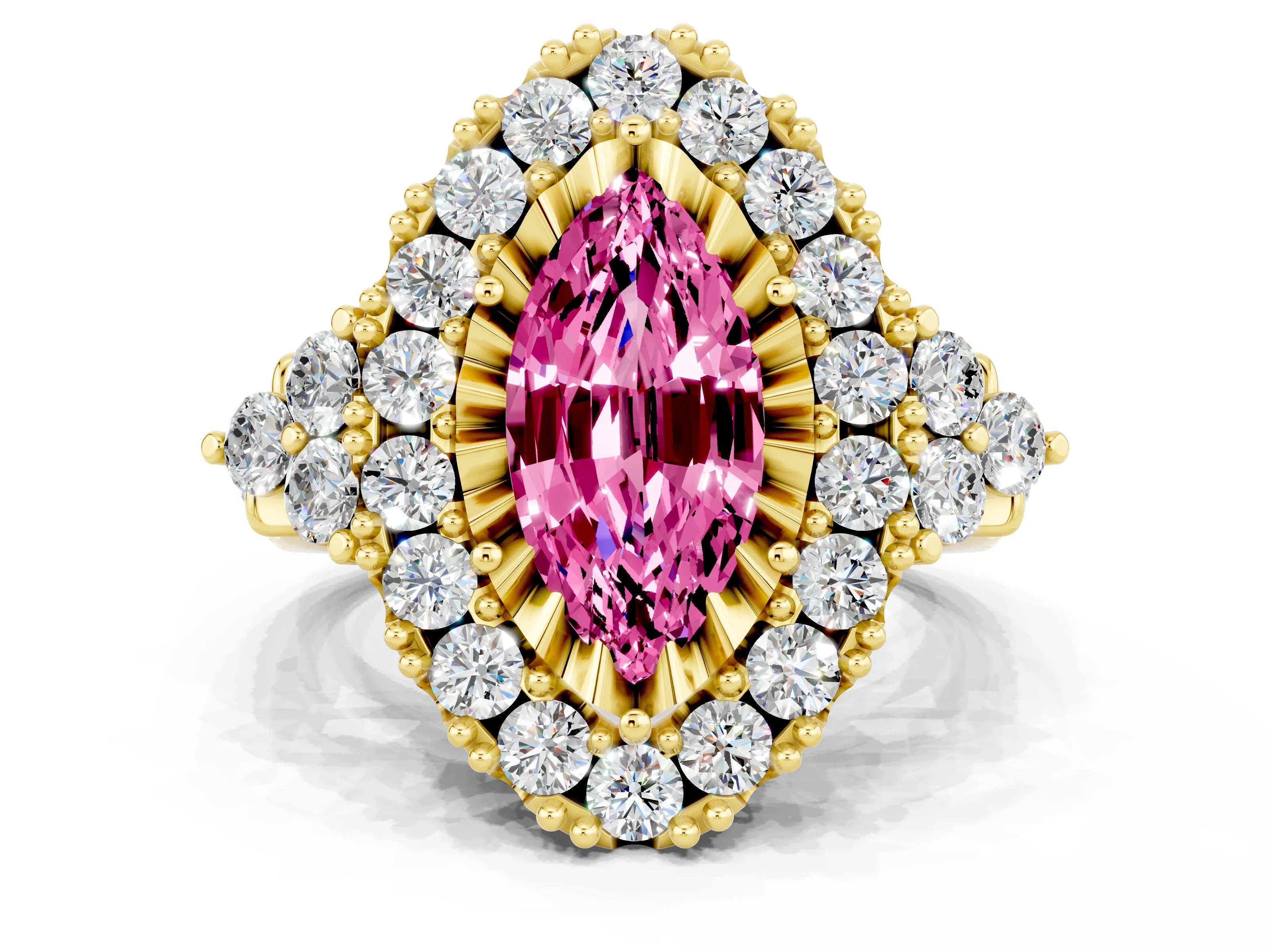 Yellow gold Marquise Cut Pink Sapphire Halo Ring with Pavé Band and Four-Prong Setting_12