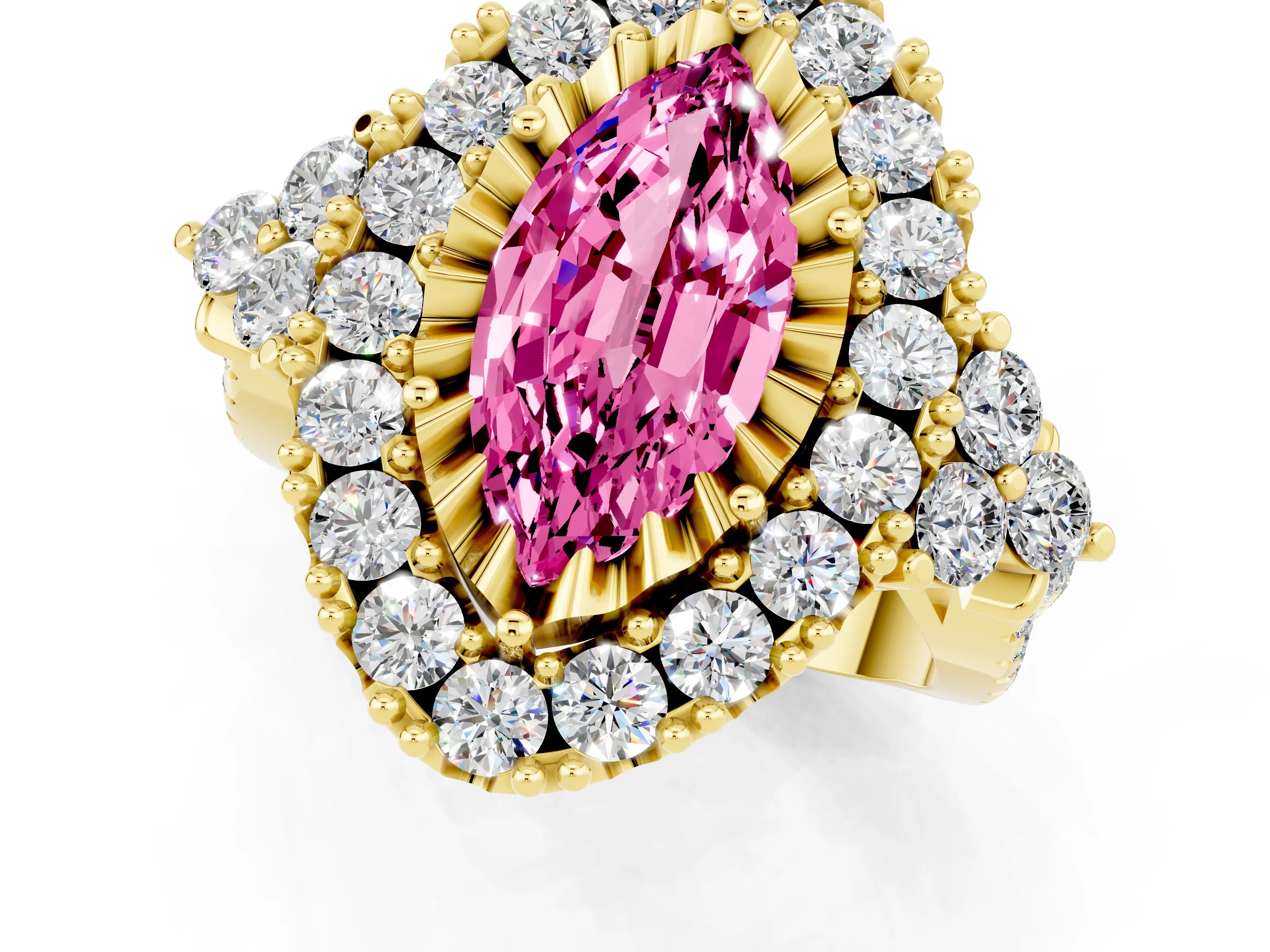 Yellow gold Marquise Cut Pink Sapphire Halo Ring with Pavé Band and Four-Prong Setting_13