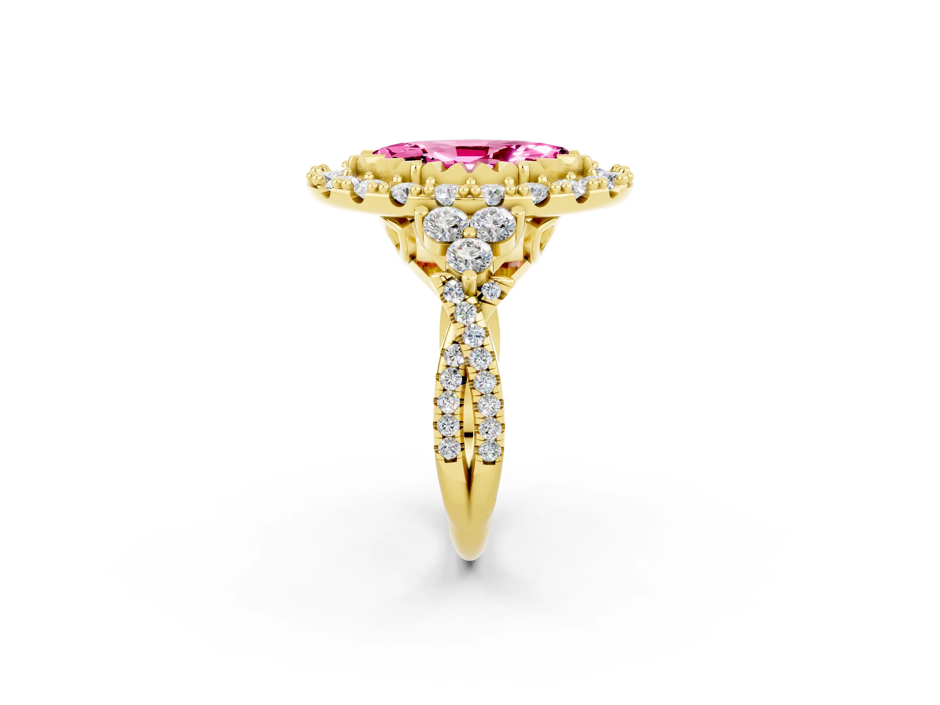 Yellow gold Marquise Cut Pink Sapphire Halo Ring with Pavé Band and Four-Prong Setting_14
