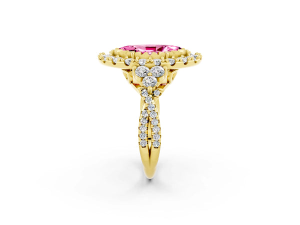 Yellow gold Marquise Cut Pink Sapphire Halo Ring with Pavé Band and Four-Prong Setting