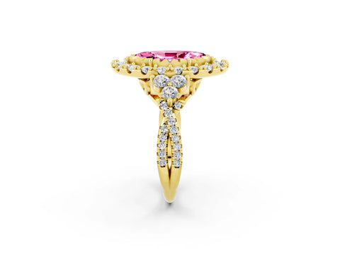 Yellow gold Marquise Cut Pink Sapphire Halo Ring with Pavé Band and Four-Prong Setting_14