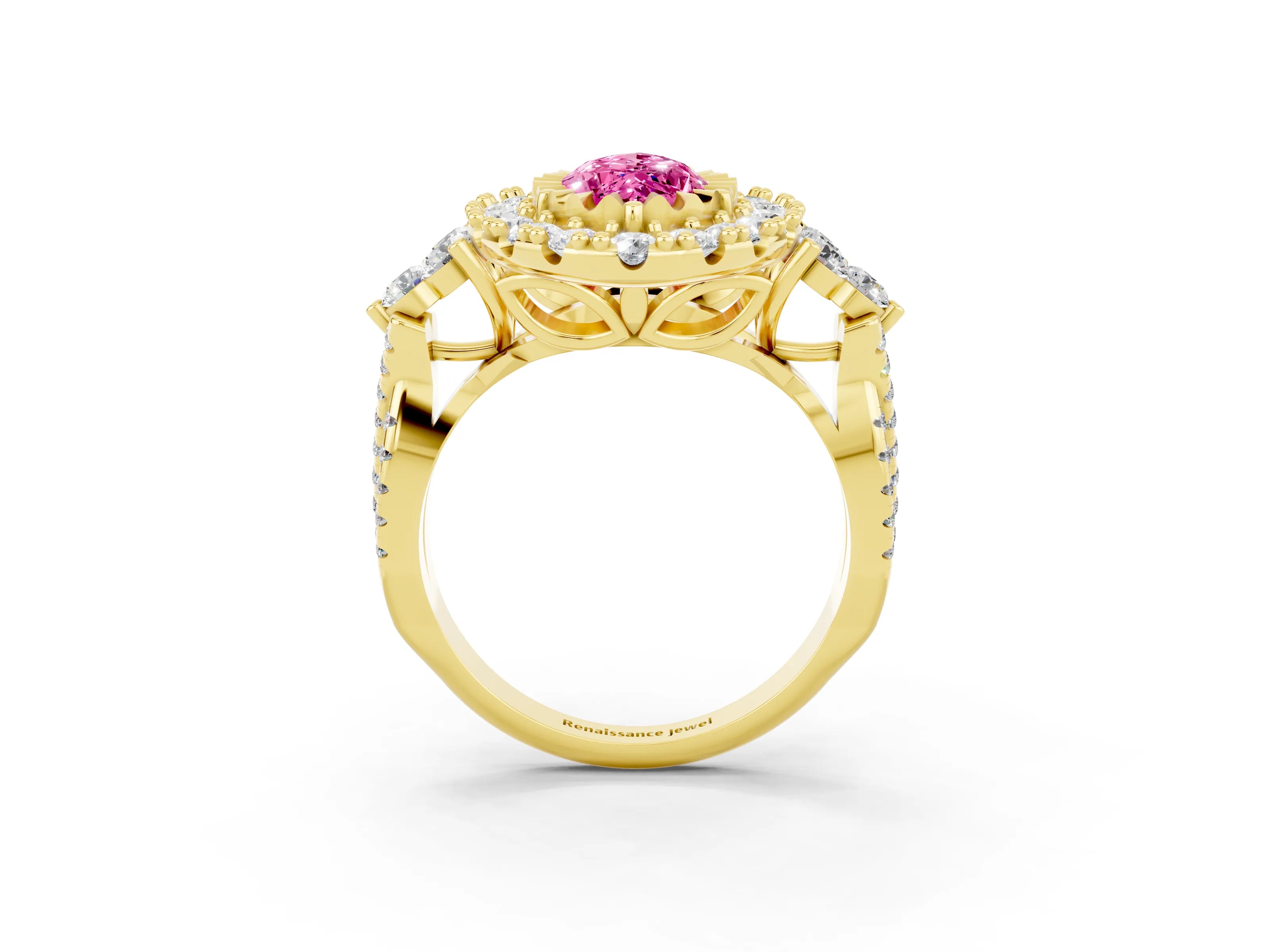 Yellow gold Marquise Cut Pink Sapphire Halo Ring with Pavé Band and Four-Prong Setting_15