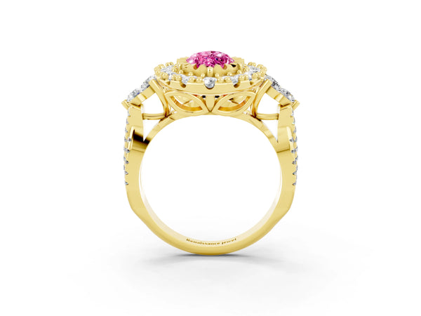 Yellow gold Marquise Cut Pink Sapphire Halo Ring with Pavé Band and Four-Prong Setting