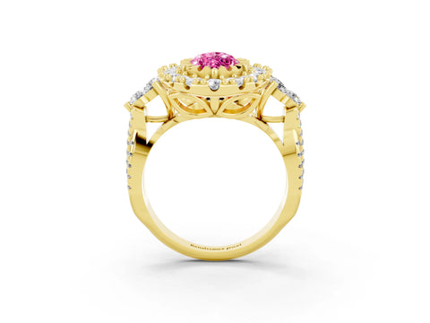 Yellow gold Marquise Cut Pink Sapphire Halo Ring with Pavé Band and Four-Prong Setting_15