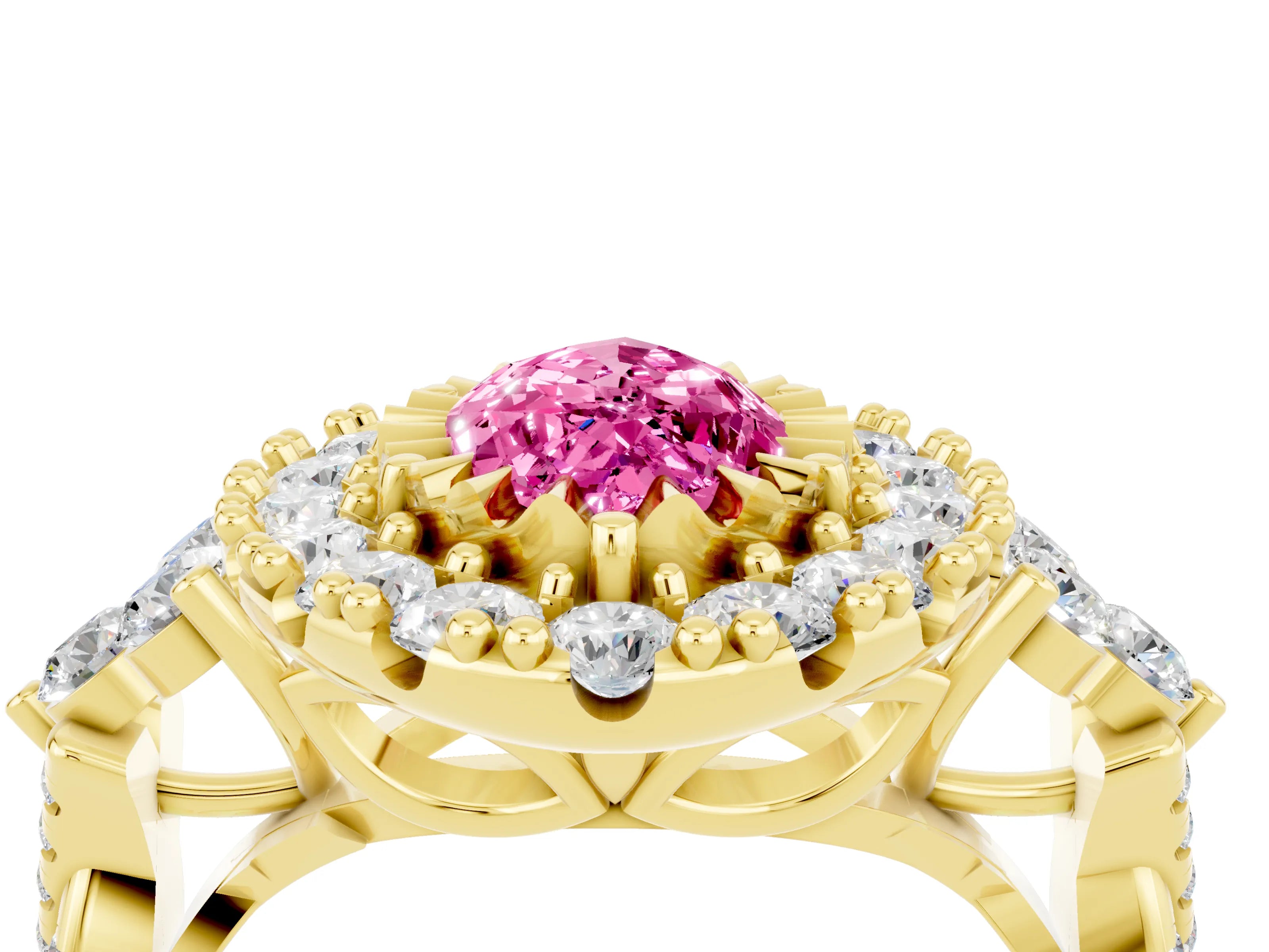 Yellow gold Marquise Cut Pink Sapphire Halo Ring with Pavé Band and Four-Prong Setting_16