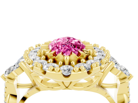 Yellow gold Marquise Cut Pink Sapphire Halo Ring with Pavé Band and Four-Prong Setting_16
