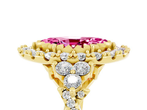 Yellow gold Marquise Cut Pink Sapphire Halo Ring with Pavé Band and Four-Prong Setting_17