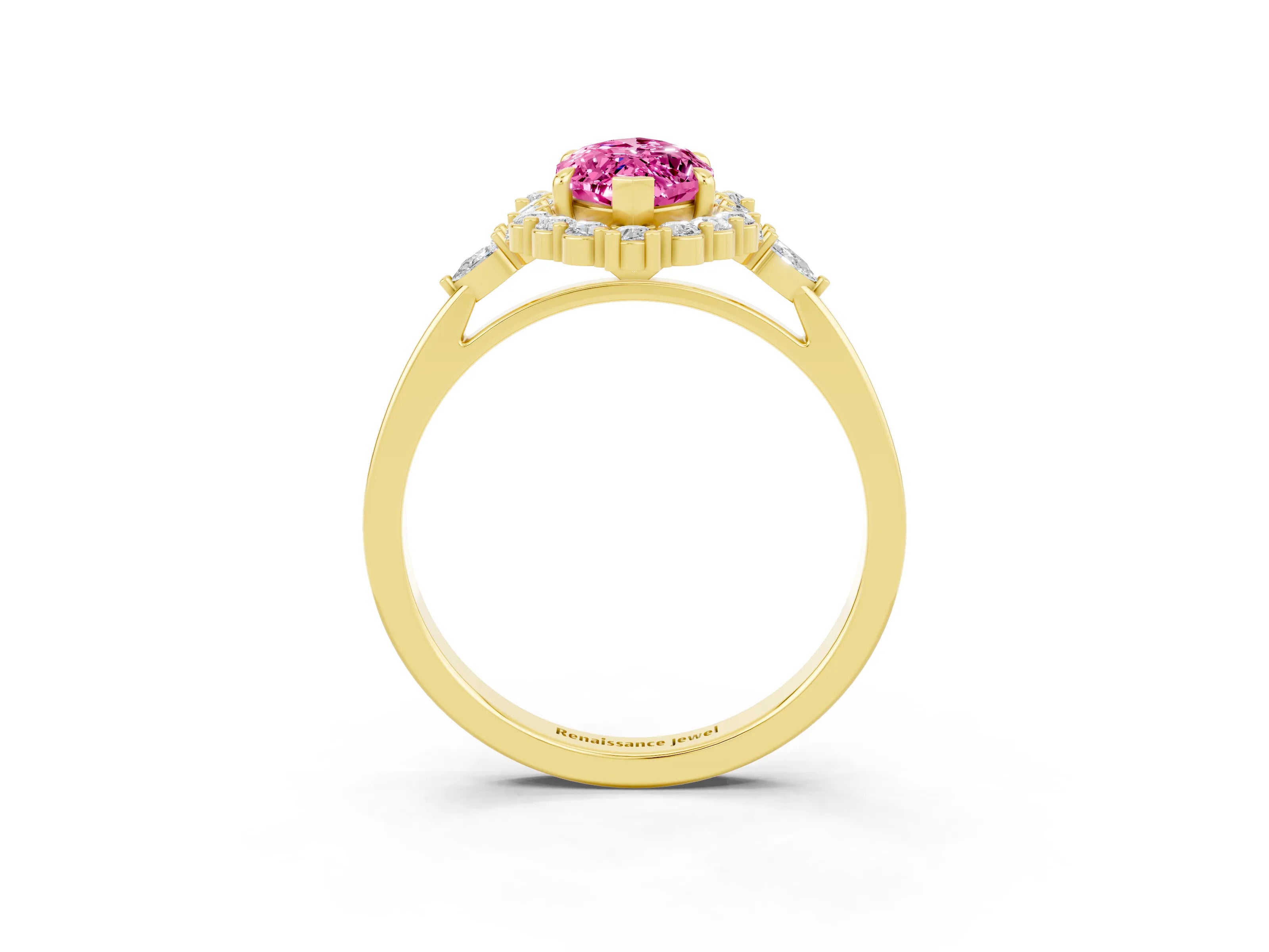 Yellow gold Marquise Cut Pink Sapphire Halo Ring with Pear Side Stones and Prong Setting_15