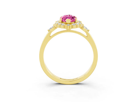 Yellow gold Marquise Cut Pink Sapphire Halo Ring with Pear Side Stones and Prong Setting_15