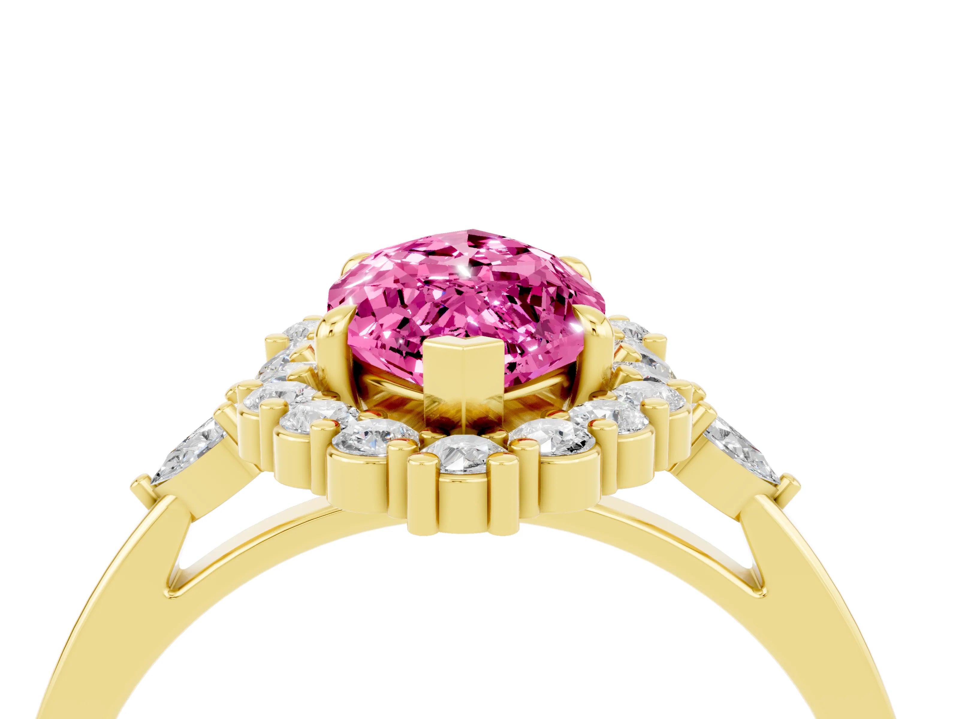 Yellow gold Marquise Cut Pink Sapphire Halo Ring with Pear Side Stones and Prong Setting_16