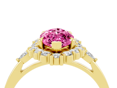 Yellow gold Marquise Cut Pink Sapphire Halo Ring with Pear Side Stones and Prong Setting_16