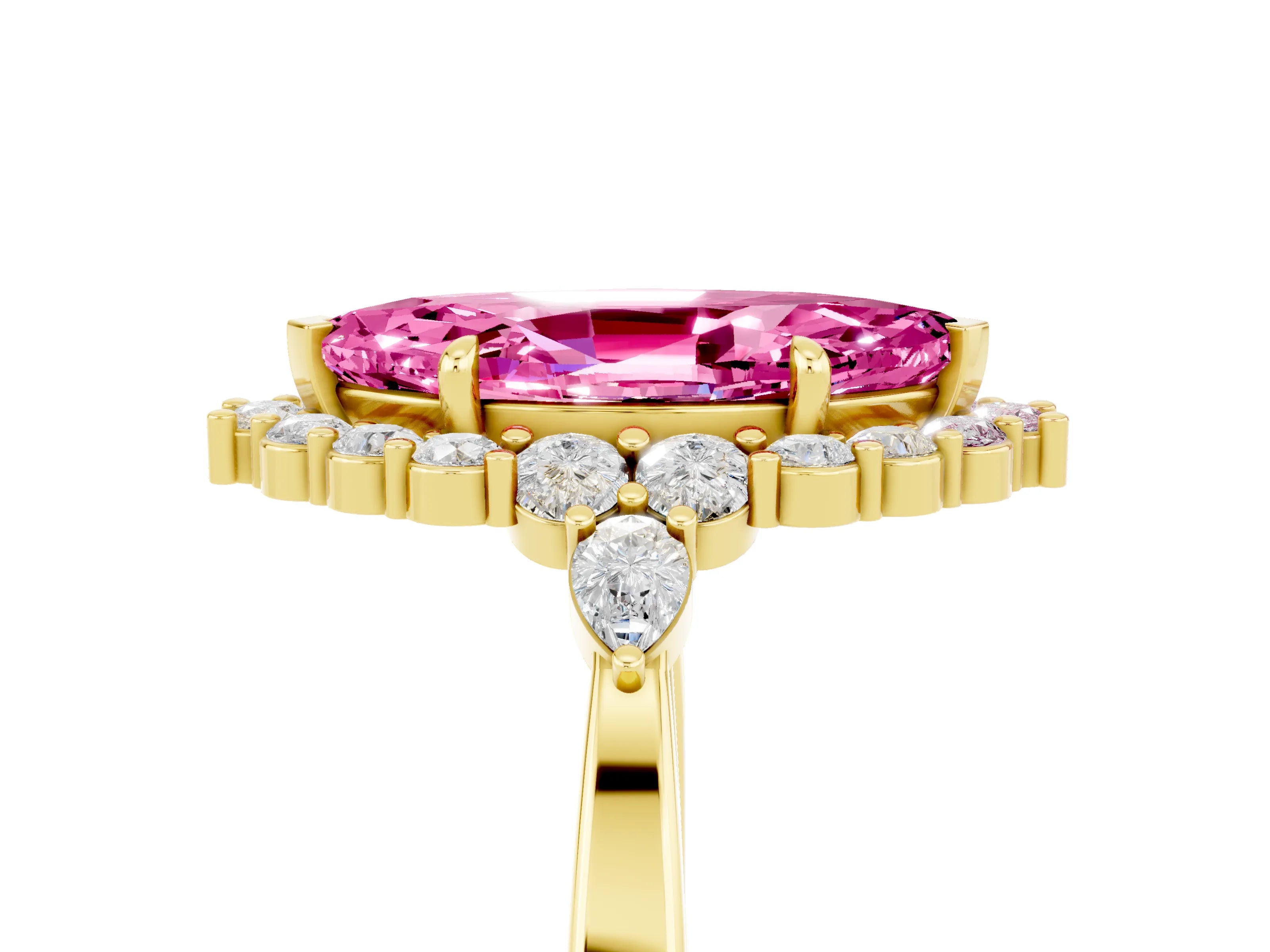 Yellow gold Marquise Cut Pink Sapphire Halo Ring with Pear Side Stones and Prong Setting_17