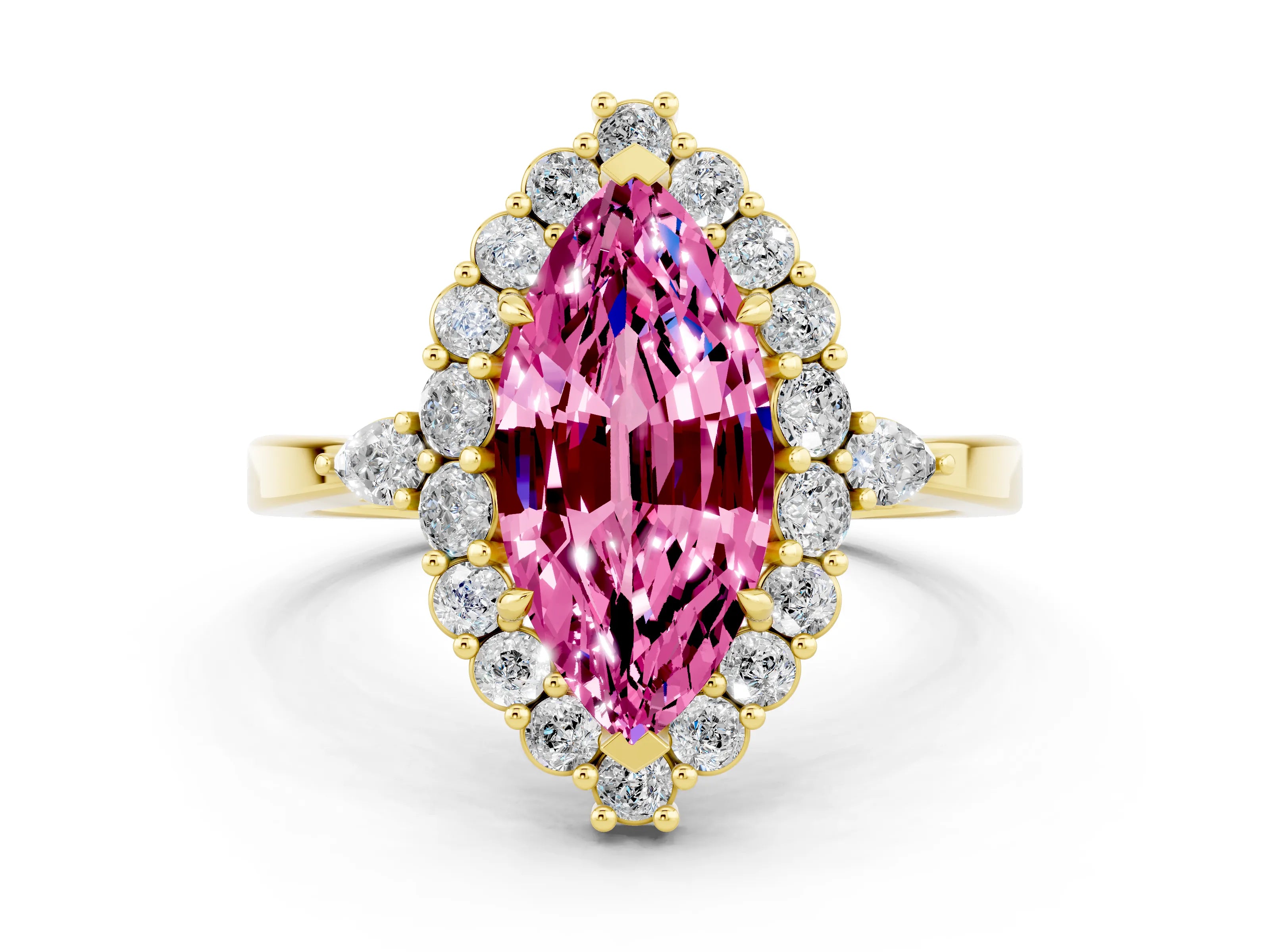 Yellow gold Marquise Cut Pink Sapphire Halo Ring with Pear Side Stones and Prong Setting_22