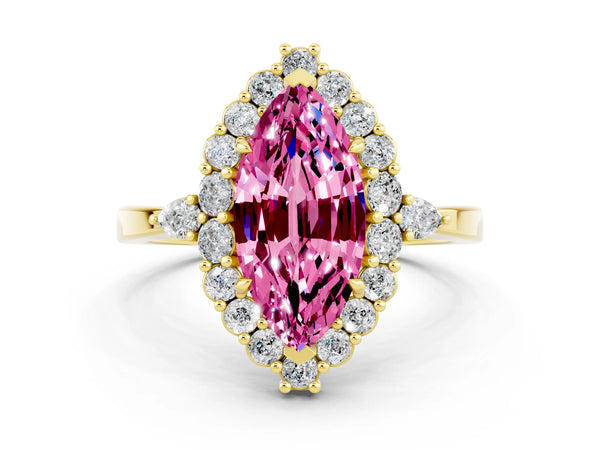 Yellow gold Marquise Cut Pink Sapphire Halo Ring with Pear Side Stones and Prong Setting