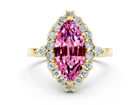 Yellow gold Marquise Cut Pink Sapphire Halo Ring with Pear Side Stones and Prong Setting_22