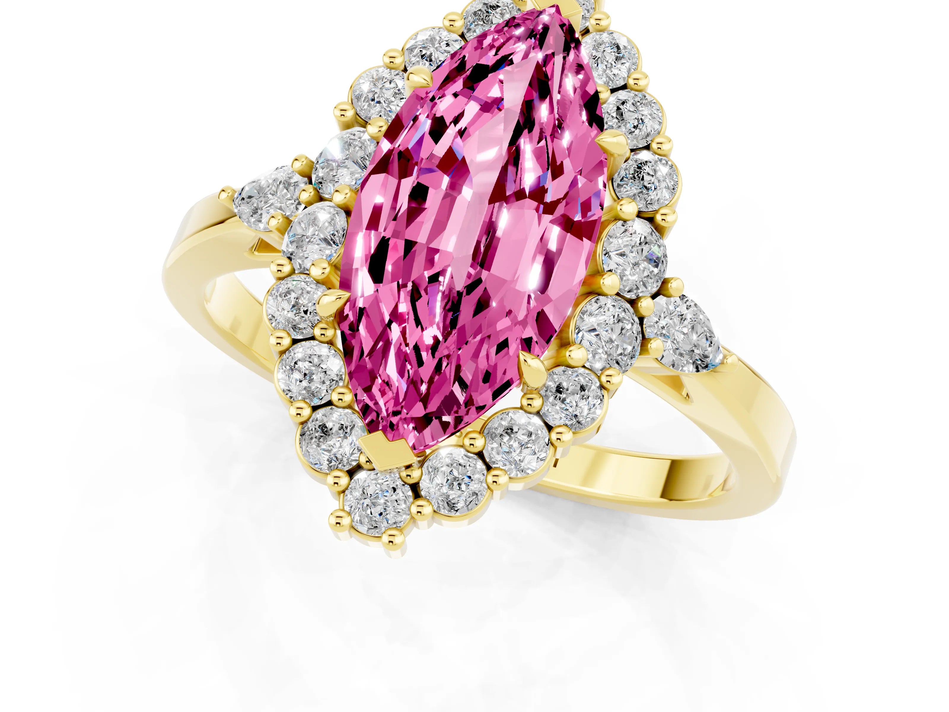 Yellow gold Marquise Cut Pink Sapphire Halo Ring with Pear Side Stones and Prong Setting_23