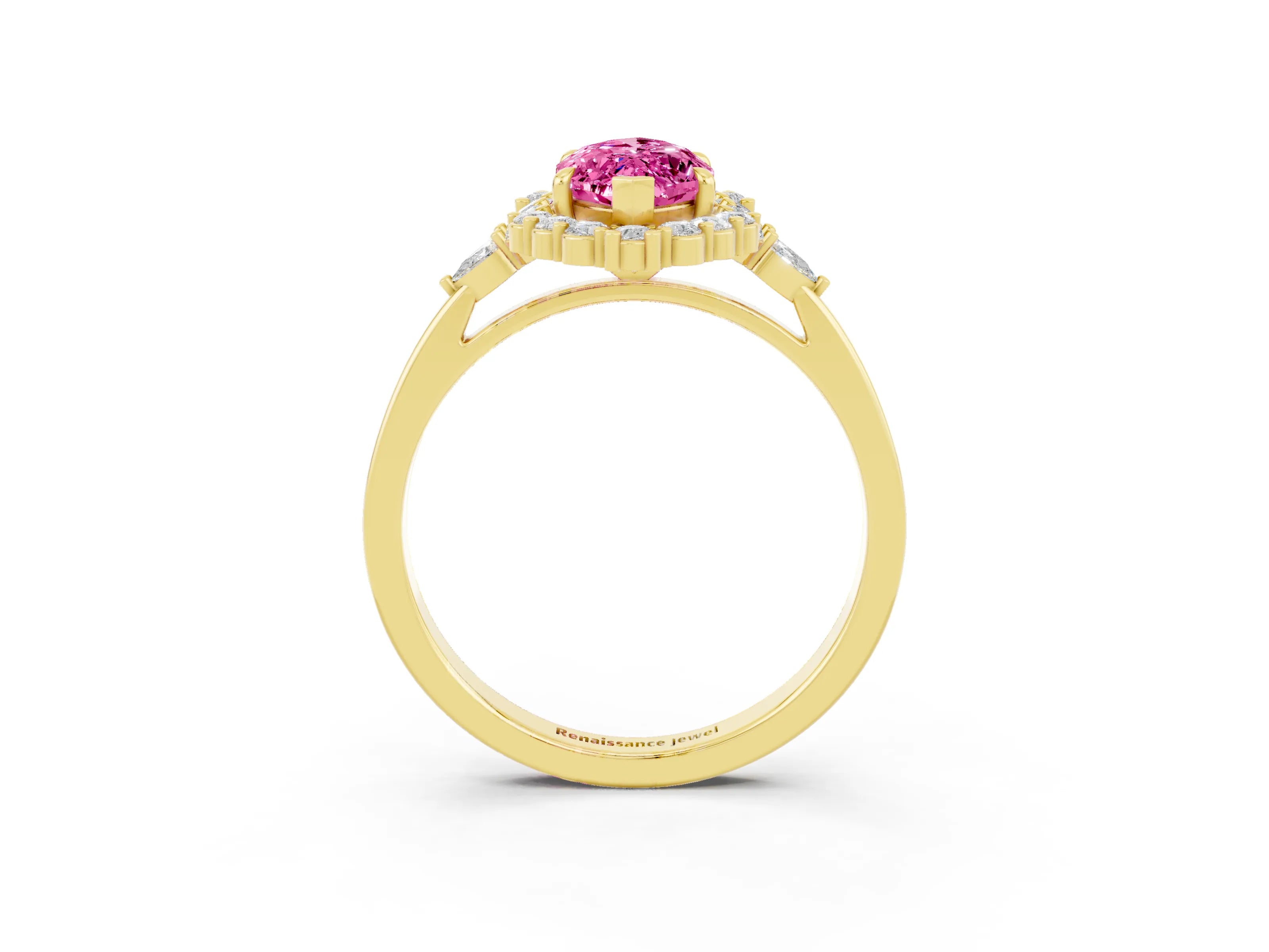 Yellow gold Marquise Cut Pink Sapphire Halo Ring with Pear Side Stones and Prong Setting_25