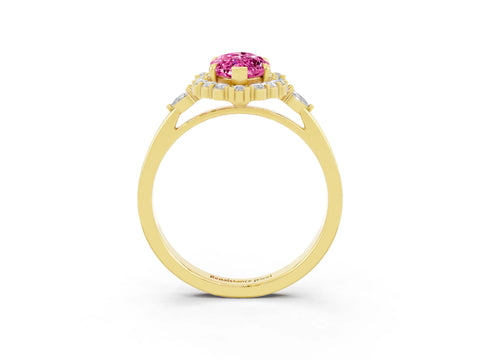 Yellow gold Marquise Cut Pink Sapphire Halo Ring with Pear Side Stones and Prong Setting_25