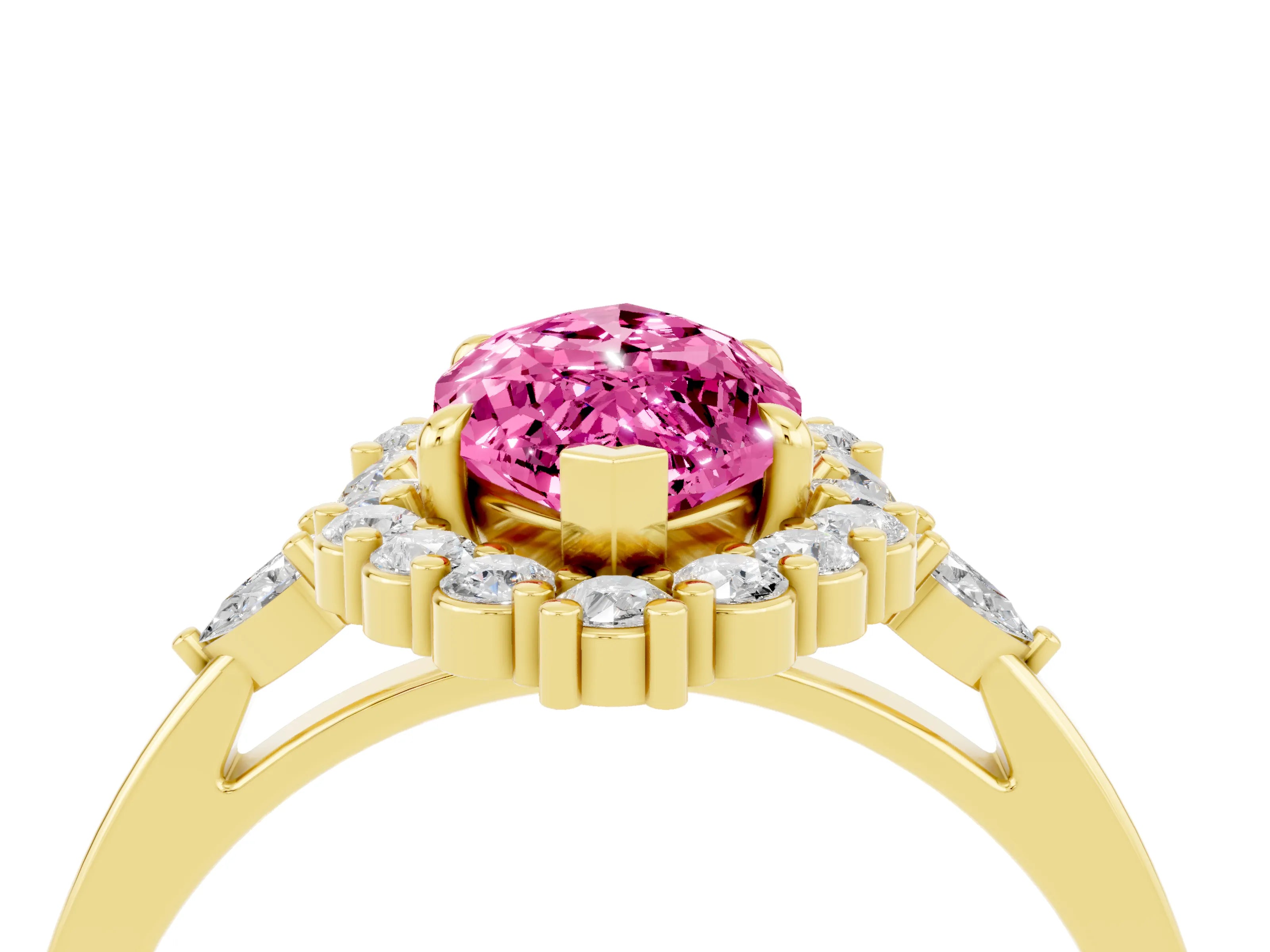 Yellow gold Marquise Cut Pink Sapphire Halo Ring with Pear Side Stones and Prong Setting_26