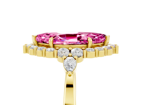 Yellow gold Marquise Cut Pink Sapphire Halo Ring with Pear Side Stones and Prong Setting_27