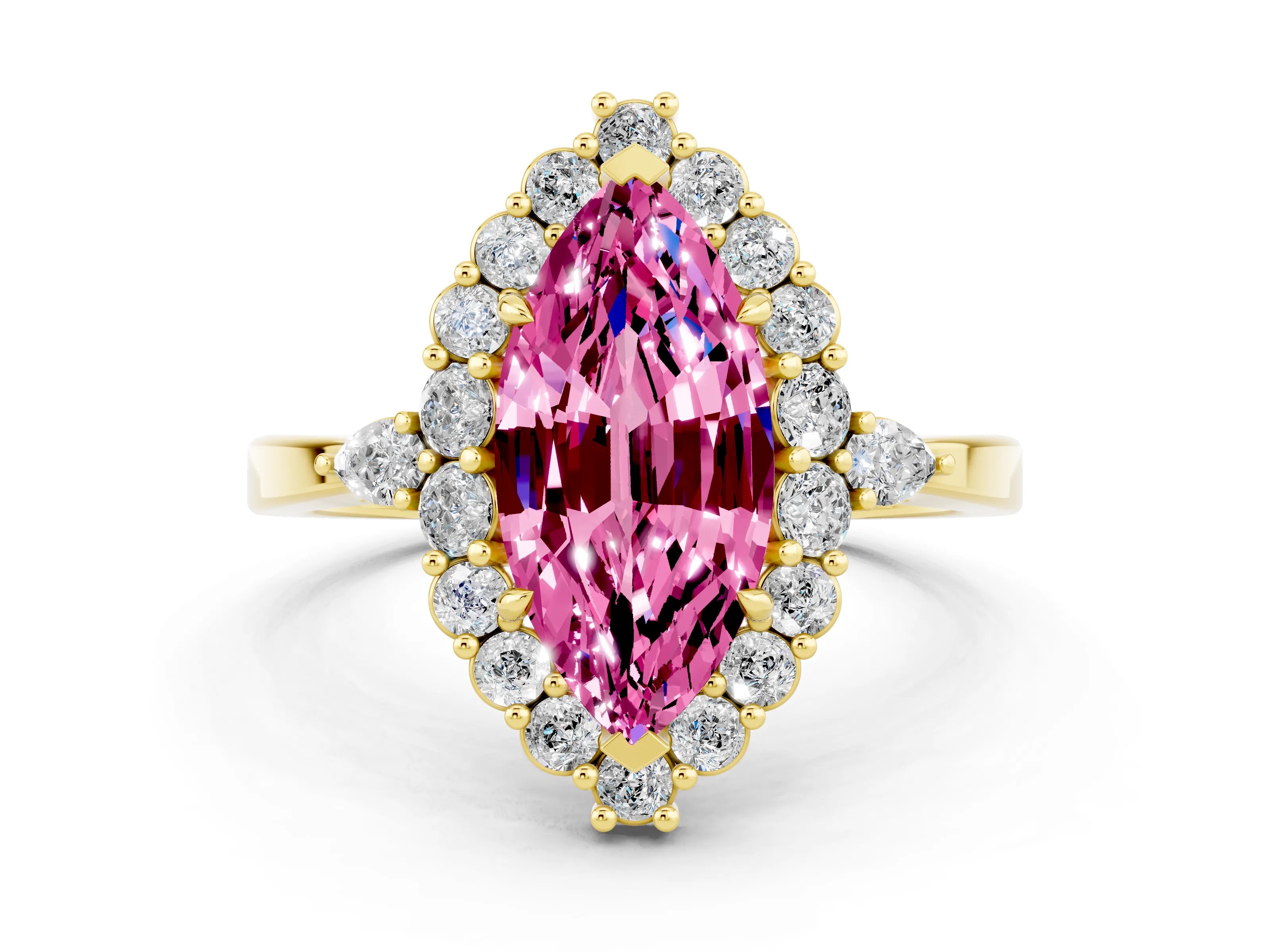 Yellow gold Marquise Cut Pink Sapphire Halo Ring with Pear Side Stones and Prong Setting_34