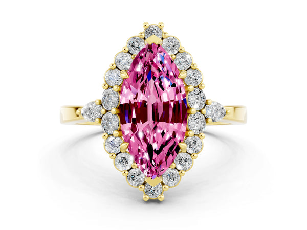 Yellow gold Marquise Cut Pink Sapphire Halo Ring with Pear Side Stones and Prong Setting
