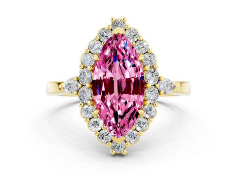 Yellow gold Marquise Cut Pink Sapphire Halo Ring with Pear Side Stones and Prong Setting_34