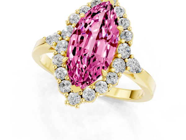 Yellow gold Marquise Cut Pink Sapphire Halo Ring with Pear Side Stones and Prong Setting