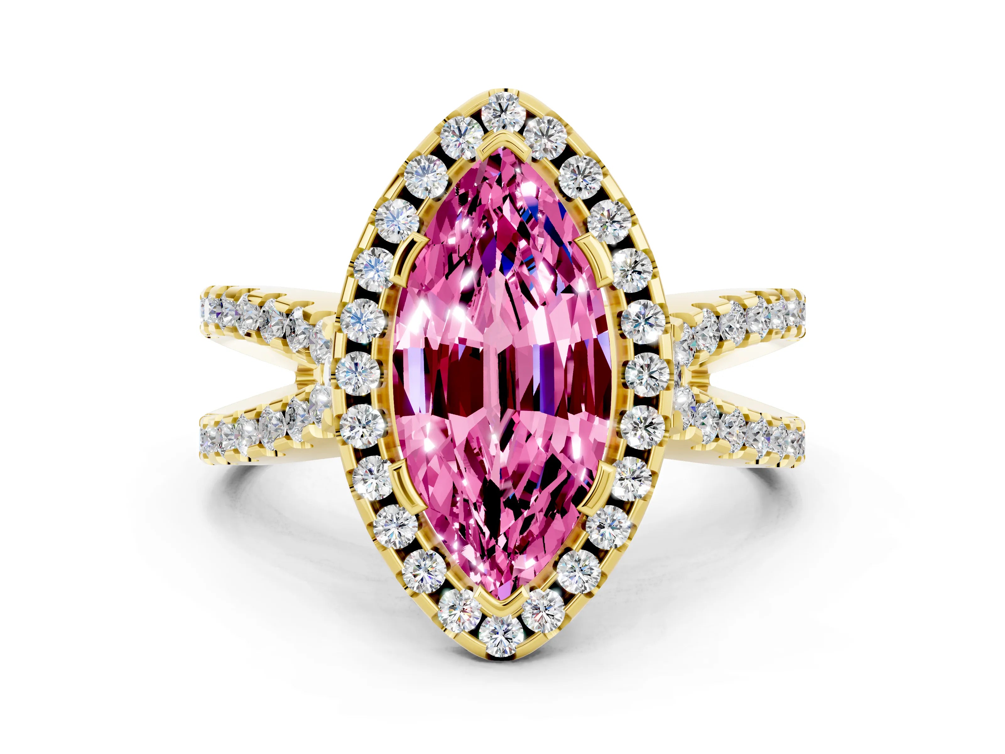 Yellow gold Marquise Cut Pink Sapphire Halo Ring with Split Shank Pavé Band and Prong Setting_12