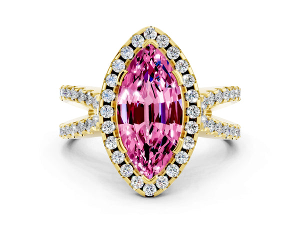 Yellow gold Marquise Cut Pink Sapphire Halo Ring with Split Shank Pavé Band and Prong Setting