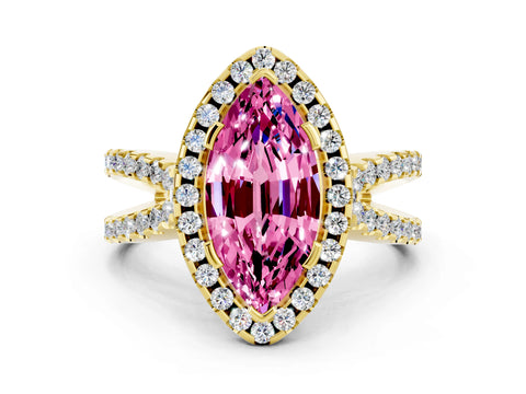 Yellow gold Marquise Cut Pink Sapphire Halo Ring with Split Shank Pavé Band and Prong Setting_12