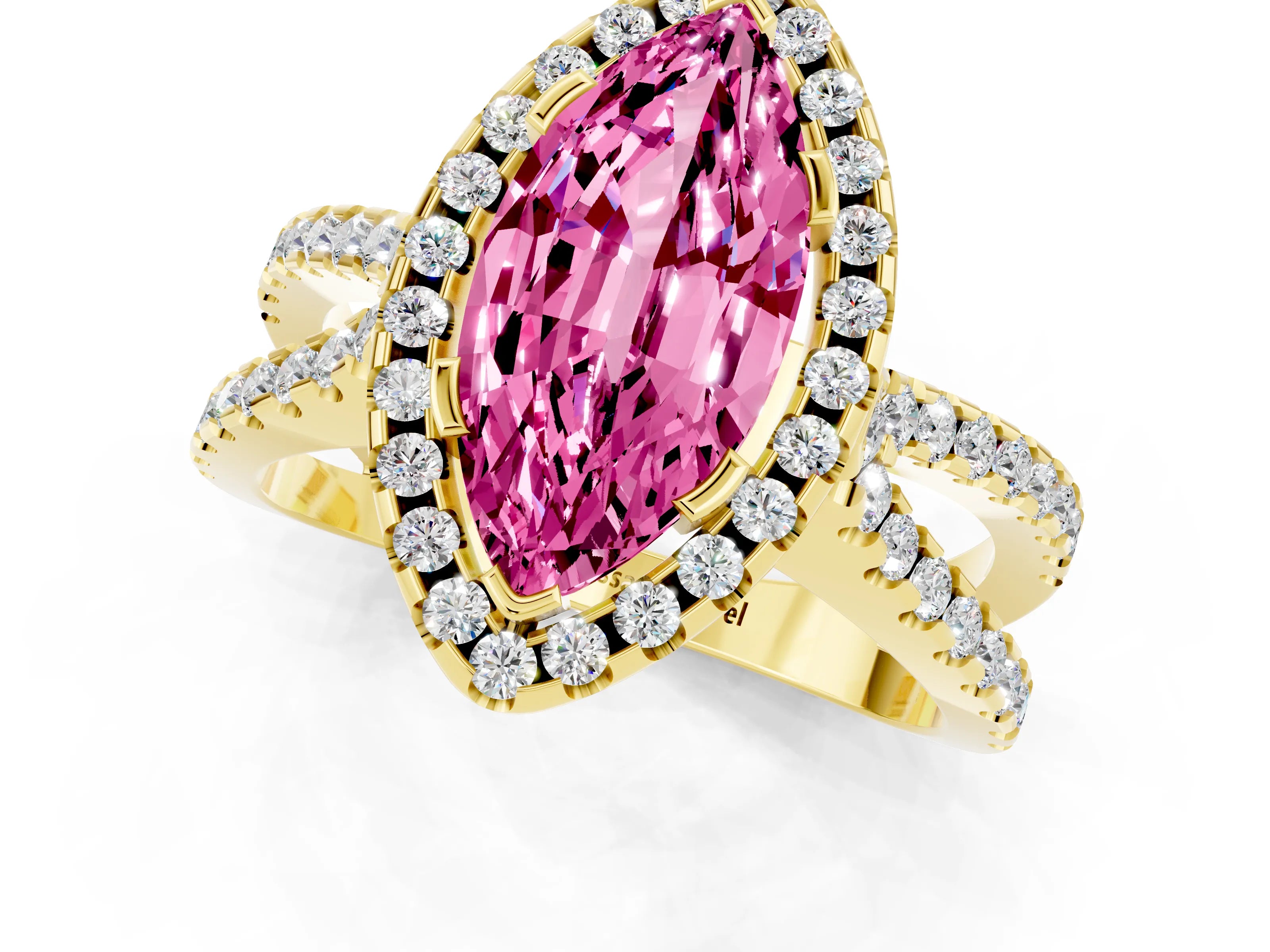 Yellow gold Marquise Cut Pink Sapphire Halo Ring with Split Shank Pavé Band and Prong Setting_13
