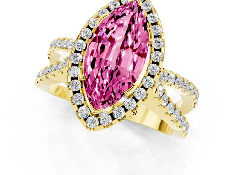 Yellow gold Marquise Cut Pink Sapphire Halo Ring with Split Shank Pavé Band and Prong Setting_13