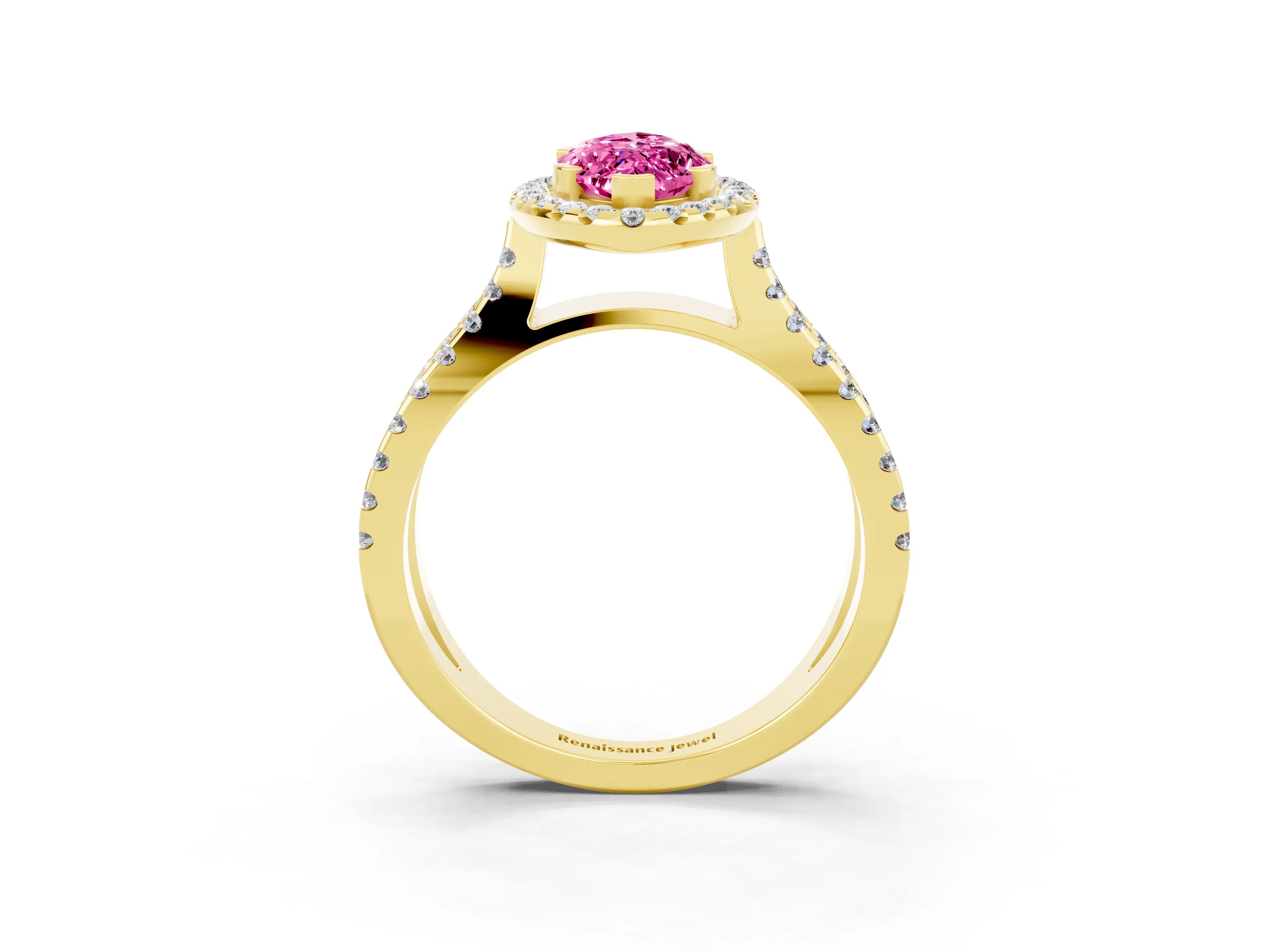 Yellow gold Marquise Cut Pink Sapphire Halo Ring with Split Shank Pavé Band and Prong Setting_15