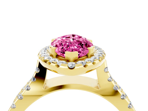 Yellow gold Marquise Cut Pink Sapphire Halo Ring with Split Shank Pavé Band and Prong Setting_16