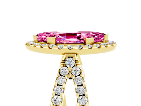 Yellow gold Marquise Cut Pink Sapphire Halo Ring with Split Shank Pavé Band and Prong Setting_17