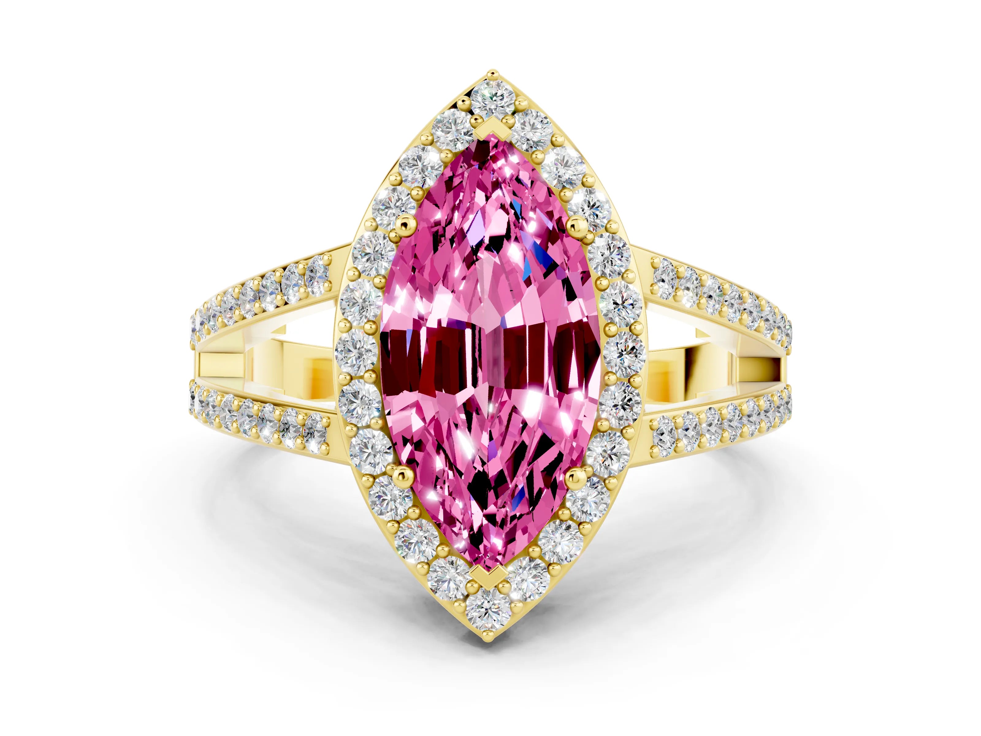 Yellow gold Marquise Cut Pink Sapphire Halo Ring with Split Shank U-Prong Band and Four-Prong Setting