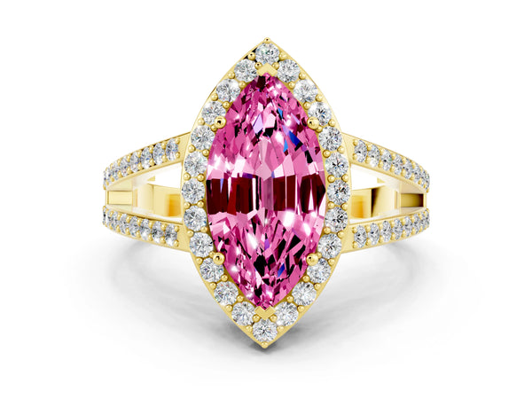 Yellow gold Marquise Cut Pink Sapphire Halo Ring with Split Shank U-Prong Band and Four-Prong Setting