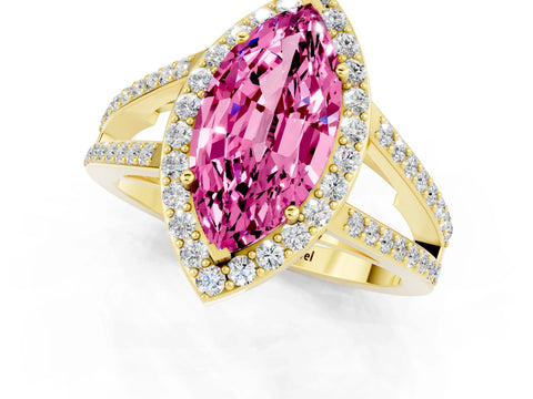 Yellow gold Marquise Cut Pink Sapphire Halo Ring with Split Shank U-Prong Band and Four-Prong Setting_1