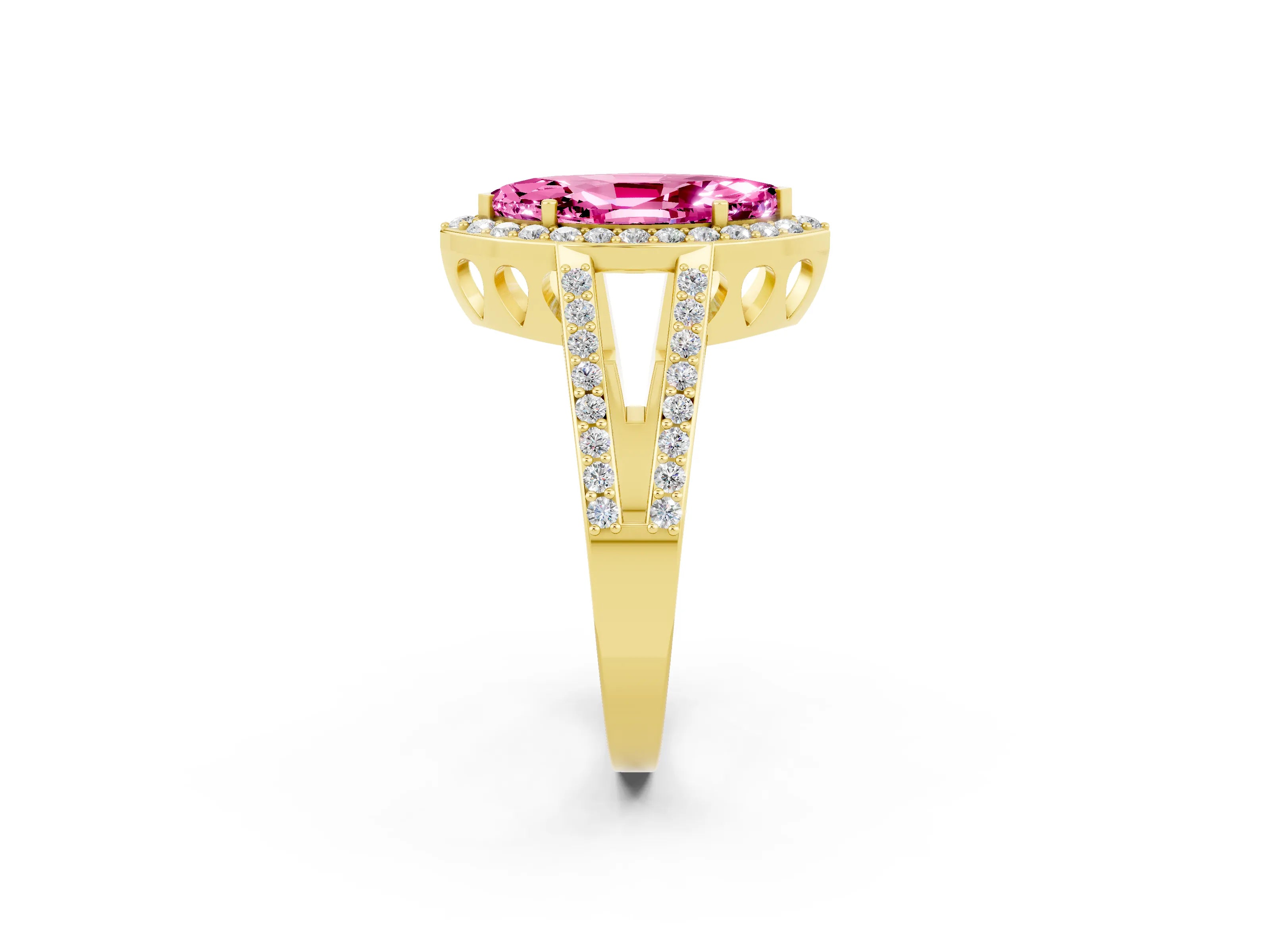 Yellow gold Marquise Cut Pink Sapphire Halo Ring with Split Shank U-Prong Band and Four-Prong Setting_2