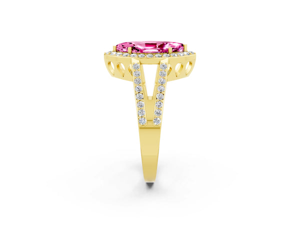 Yellow gold Marquise Cut Pink Sapphire Halo Ring with Split Shank U-Prong Band and Four-Prong Setting