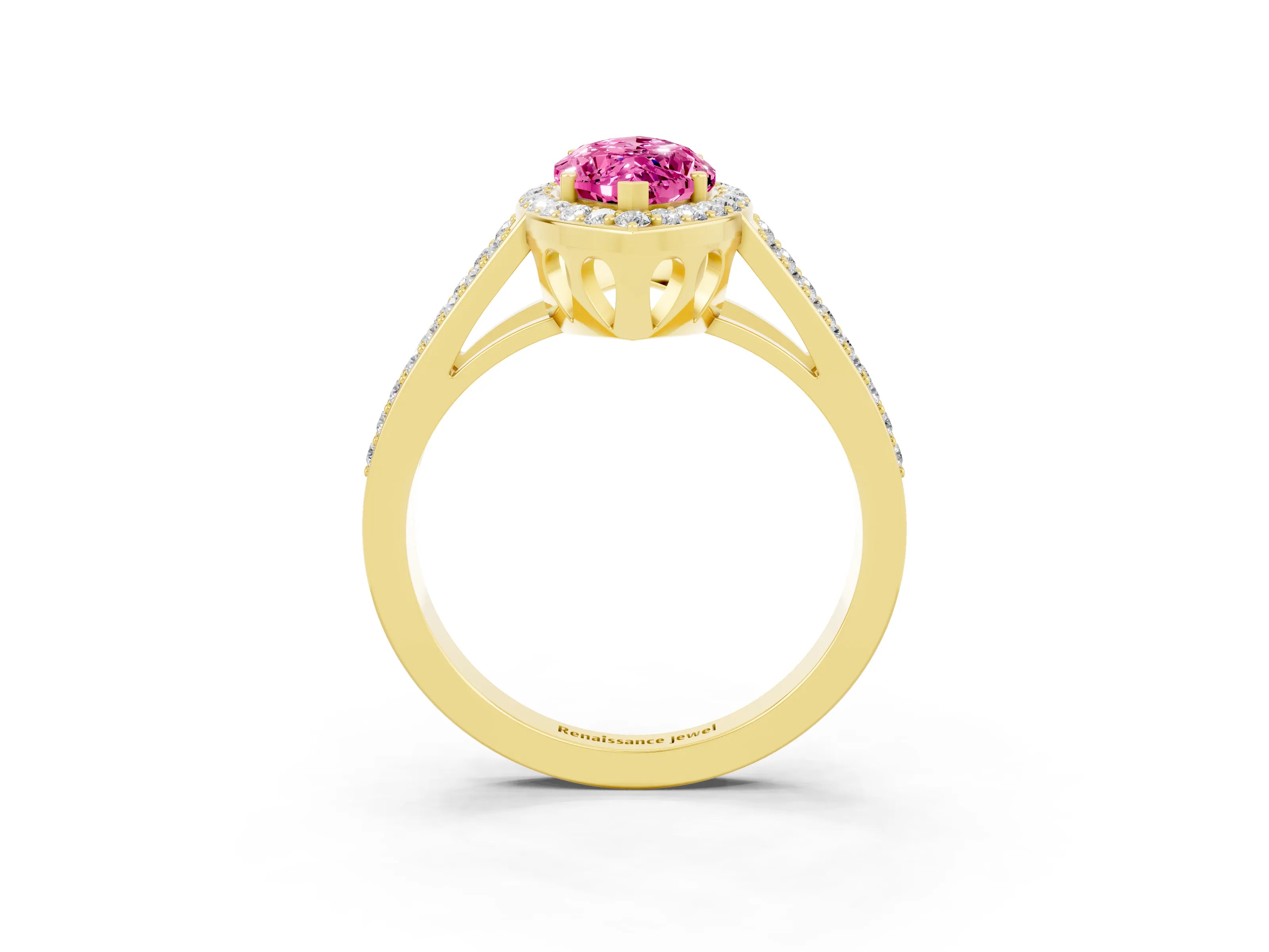 Yellow gold Marquise Cut Pink Sapphire Halo Ring with Split Shank U-Prong Band and Four-Prong Setting_3