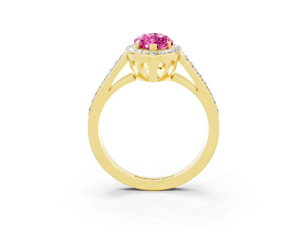 Yellow gold Marquise Cut Pink Sapphire Halo Ring with Split Shank U-Prong Band and Four-Prong Setting